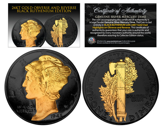 Black Ruthenium 24K Gold Clad Mercury Silver Dime