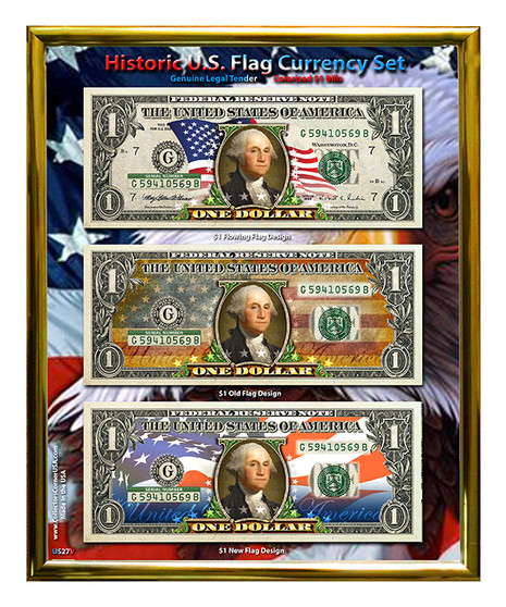 U.S. Flowing Flag Colorized $1 Bill Currency Set in 8" x 10" Frame