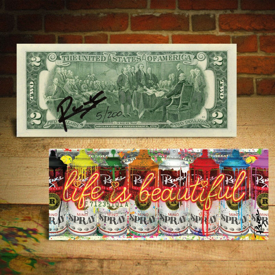Life Is Beautiful -  Graffiti Spray Cans Limited Edition of 200 Signed Rency Colorized $2 Bill - MIND