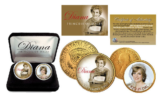 Princess Diana 50th Birthday & 30th Wedding Anniversary 24K Gold-Plated JFK Half Dollar and English Half Penny 2 Coin Set with Custom Case