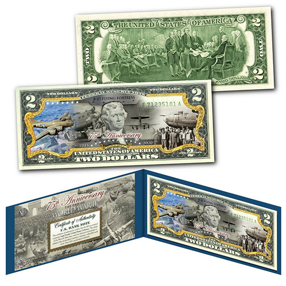 75th Anniversary End of World War II Colorized $2 Bill B-17 Flying Fortress