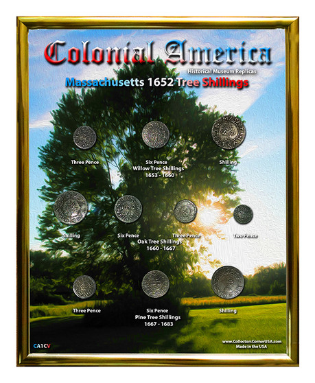 Massachusetts 1652 Tree Shillings Tree Design Historical Replica Set in 8" x 10" Frame - V