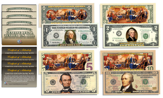 Set of all 4 Declaration of Independence 2-Sided Colorized Bills $1, $2, $5 & $10