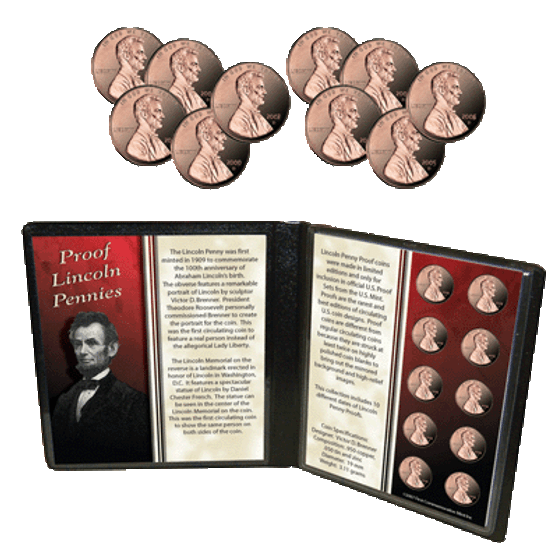 10 Different Proof Lincoln Pennies in Folder