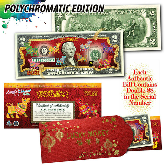 2021 Year Of The Ox Polychrome 8 Colored Ox's Colorized $2 Bill - Red