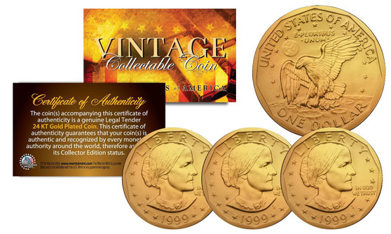 Set of 3 24K Gold Plated Susan B. Anthony $1 Coins