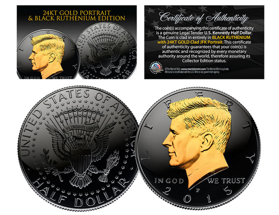 Black Ruthenium Clad JFK Half Dollar with 24K Gold Portrait - Select from 2014 P/D or 2015 P/D