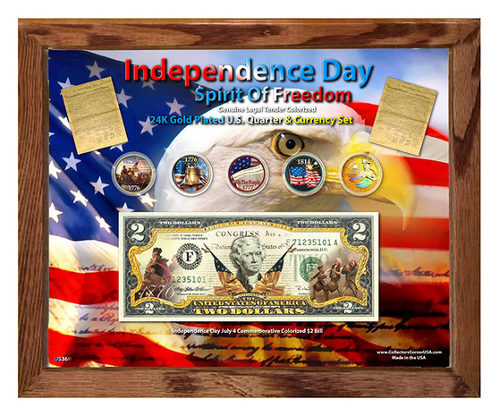 Independence Day July 4 Spirit Of Freedom & Washington Colorized Coin & Currency Set #2 in 8" x 10" Frame