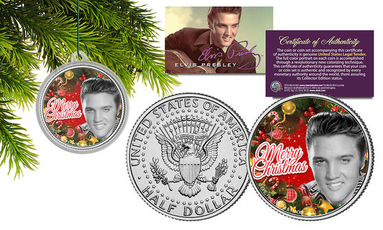 Vintage B/W Elvis Colorized JFK Half Dollar with Christmas Tree Ornament Capsule