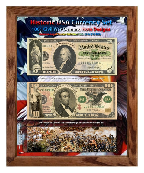 Civil War Demand Notes Colorized $5 & $10 Bill Currency Set in 8" x 10" Frame