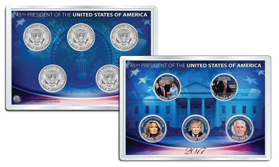 45th President Of The United States 2017 5 Coin JFK Half Dollar Set in 4" x 6" Acrylic Lens Display