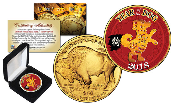2018 Year of the Dog Colorized $50 Gold Replica Tribute Coin in Box