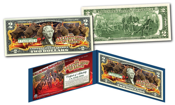 Ringling Bros. & Barnum & Bailey Circus Elephants Colorized $2 Bill