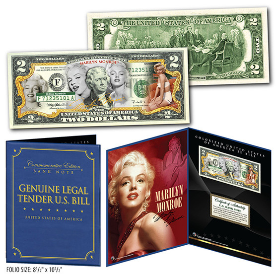 Marilyn Monroe Multi-Image Commemorative Colorized $2 Bill in Deluxe 8" x 10" Collector's Display