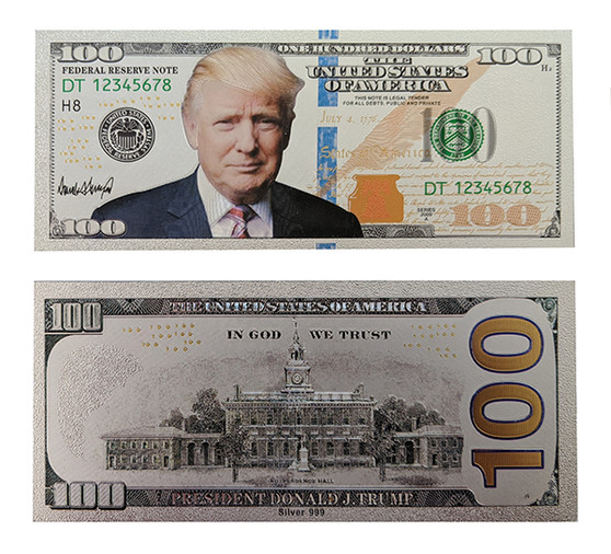 Set of 2 President Trump Silver Foil $100 Novelty Bills