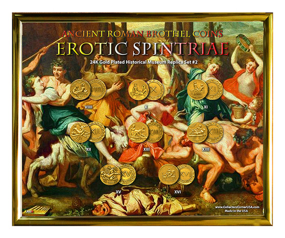 Ancient Roman Brothel Coins Erotic Spintriae 24K Gold Plated Set #2 in 8" x 10" Frame