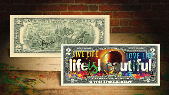 Rency Art Life Is Beautiful 2017 Solar Eclipse Colorized $2 Bill Hand Signed