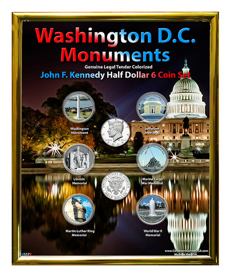Washington DC Monuments Nighttime Colorized JFK Half Dollar 6 Coin Set in 8" x 10" Frame - Portrait