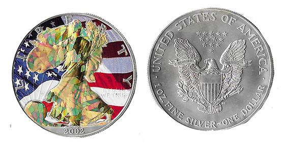 2002 Gold Hologram (Obverse Only) With Flag Silver Eagle 1 Oz. U.S. Silver Eagle in Case 2002 Gold Hologram (Obverse Only) With Flag Silver Eagle 1 Oz. U.S. Silver Eagle in Case