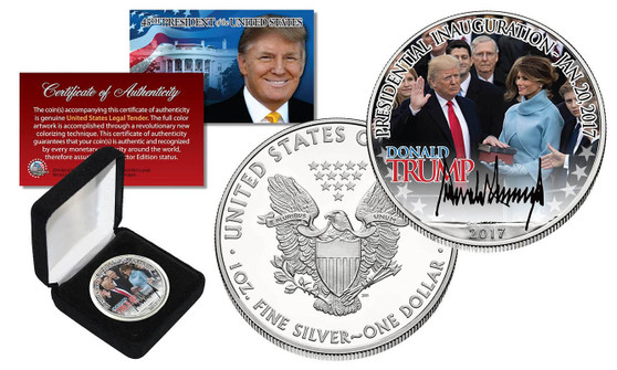 Donald Trump 2017 Inauguration Silver Eagle in Case.  Year of Silver Eagle and Mint Mark is Random.