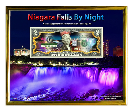 Niagara Falls By Night #1 Colorized $2 Bill in 8" x 10" Frame