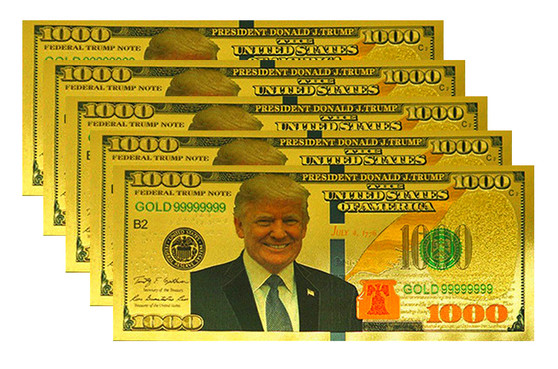 Set of 5 President Trump 24K Gold Foil $1,000 Novelty Bills