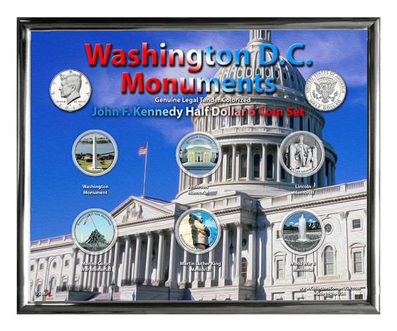 Washington DC Monuments Daytime Colorized JFK Half Dollar 6 Coin Set in 8" x 10" Frame - Landscape