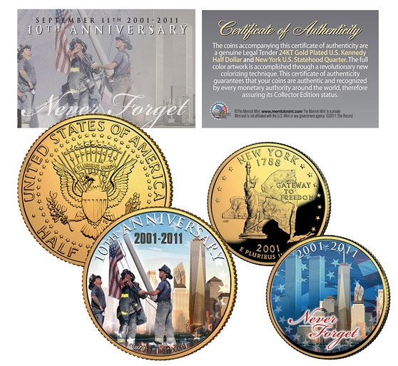 9/11 10th Anniversary 24K Gold Plated JFK Half and State Quarter 2 Coin Set
