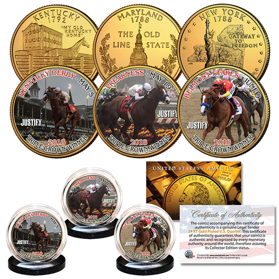 Justify 2018 Triple Crown Winner 24K Gold Plated 3 Coin State Quarters Set