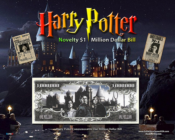 Harry Potter Novelty Million Dollar Bill Reverse Display on an 8" x 10" Display Card
