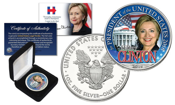 Hillary Clinton For President Colorized U.S.Silver Eagle in Box