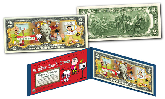 Peanuts Valentine's Day Colorized $2 Bill