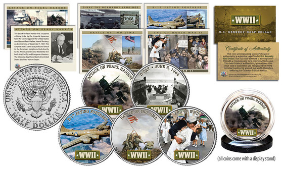 Historic Moments of World War II Commemorative Colorized 5 Coin JFK Half Dollar Set with Trading Cards