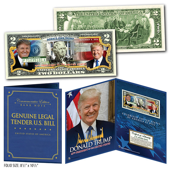 Donald Trump 45th President of the United States Colorized $2 Bill in 8" x 10" Collector's Display