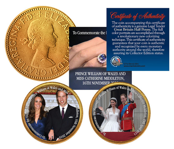 Royal Wedding 24K Gold Plated & Colorized British Half Penny 2 Coin Set