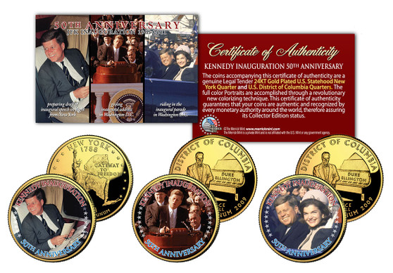 JFK 50th Inauguration 24K Gold Plated & Colorized 3 Coin State Quarter Set
