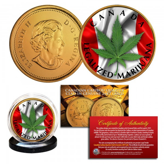 Canada Legalized Marijuana 24K Gold Plated & Colorized Caribou Quarter