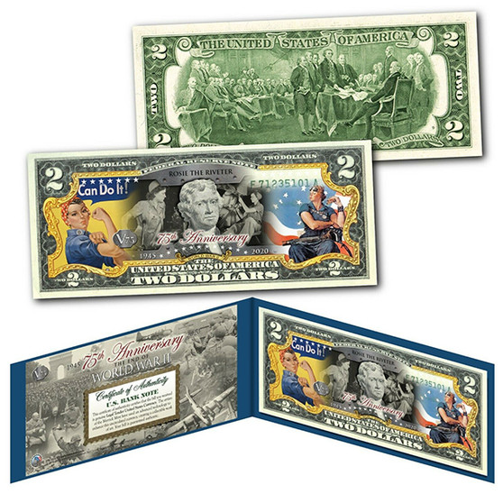 75th Anniversary End of World War II Colorized $2 Bill Rosie the Riveter