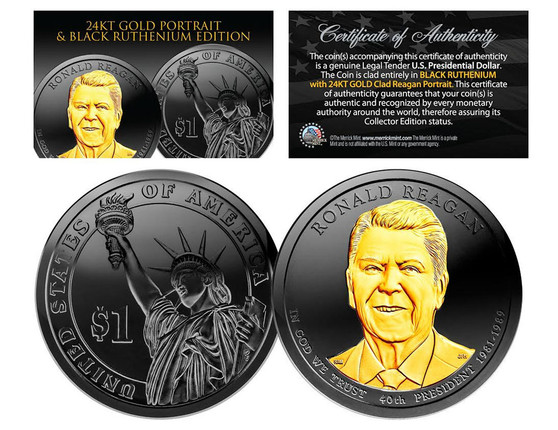 Black Ruthenium Clad Reagan Presidential Dollar with 24K Gold Portrait