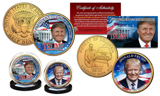 Donald Trump 45th President DC Quarter & JFK Half Dollar 24K Gold Plated 2 Coin Set