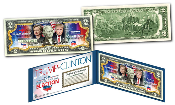 Donald Trump Vs. Hillary Clinton Presidential Colorized $2 Bill