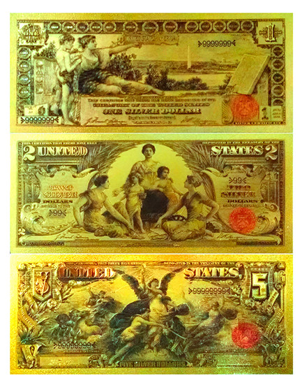 Set of 3 24K Gold Foil U.S. Novelty Bills $1, $2 & $5 1896 Educational Series 2-Sided Notes