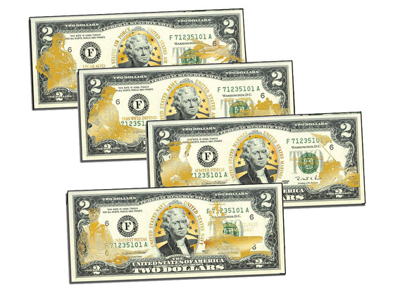 Set of all 4 Military $2 Gold Laser Line $2 Bills