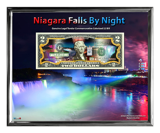 Niagara Falls By Night #2 Colorized $2 Bill in 8" x 10" Frame