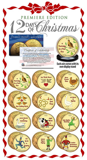 Twelve Days Of Christmas Colorized JFK 12 Coin Set