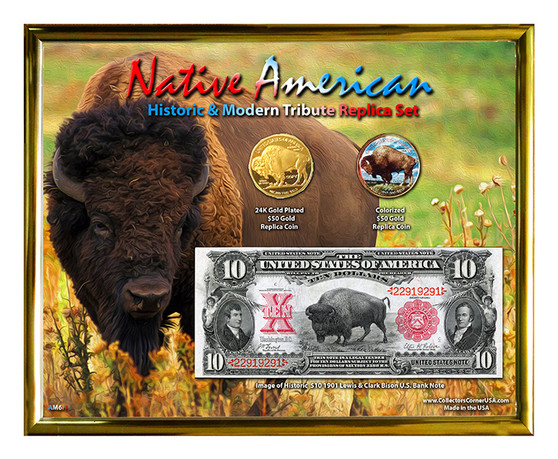 Native American Bison 24K Gold Plated & Colorized Buffalo $50 Coin Replica Set in 8" x 10" Frame