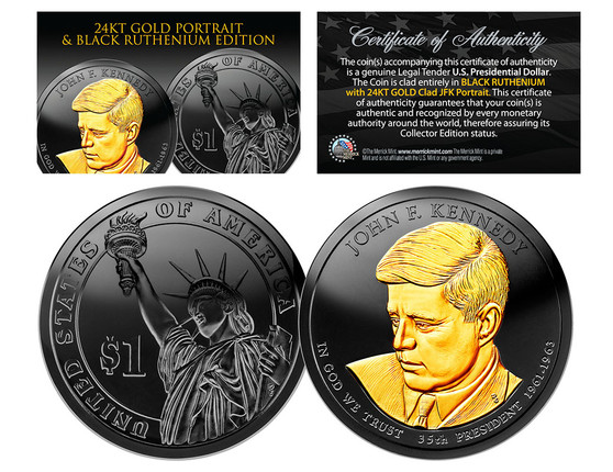 Black Ruthenium Clad John F. Kennedy Presidential Dollar with 24K Gold Portrait