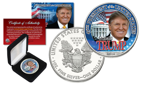 Donald Trump 45th President Colorized U.S. Silver Eagle in Box.  Year of Silver Eagle and Mint Mark is Random.