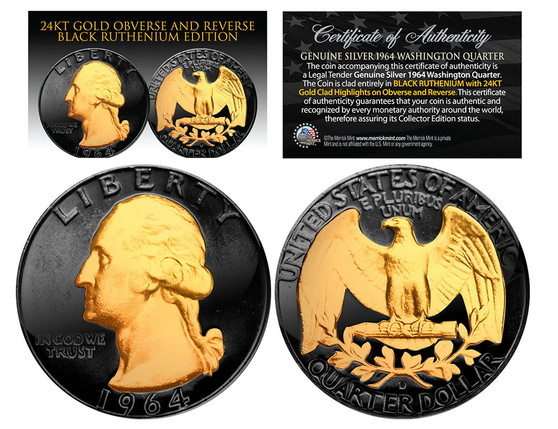 Black Ruthenium Clad 24K Gold Plated 1964 Silver U.S. Quarter