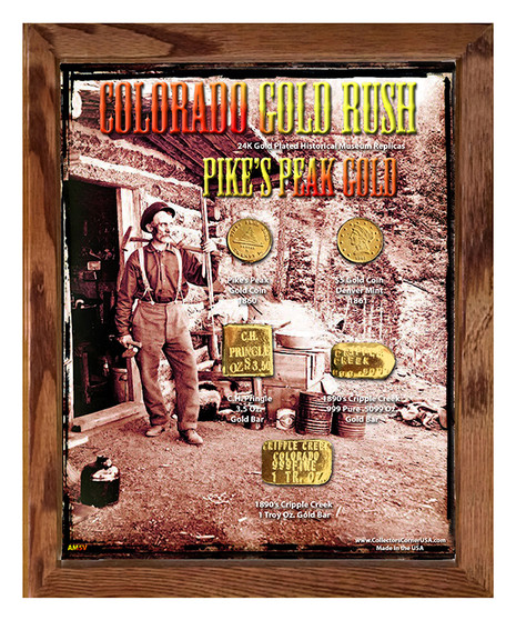 Colorado Gold Rush Pike's Peak Gold Historical 24K Gold Plated Replica Set in 8" x 10" Frame